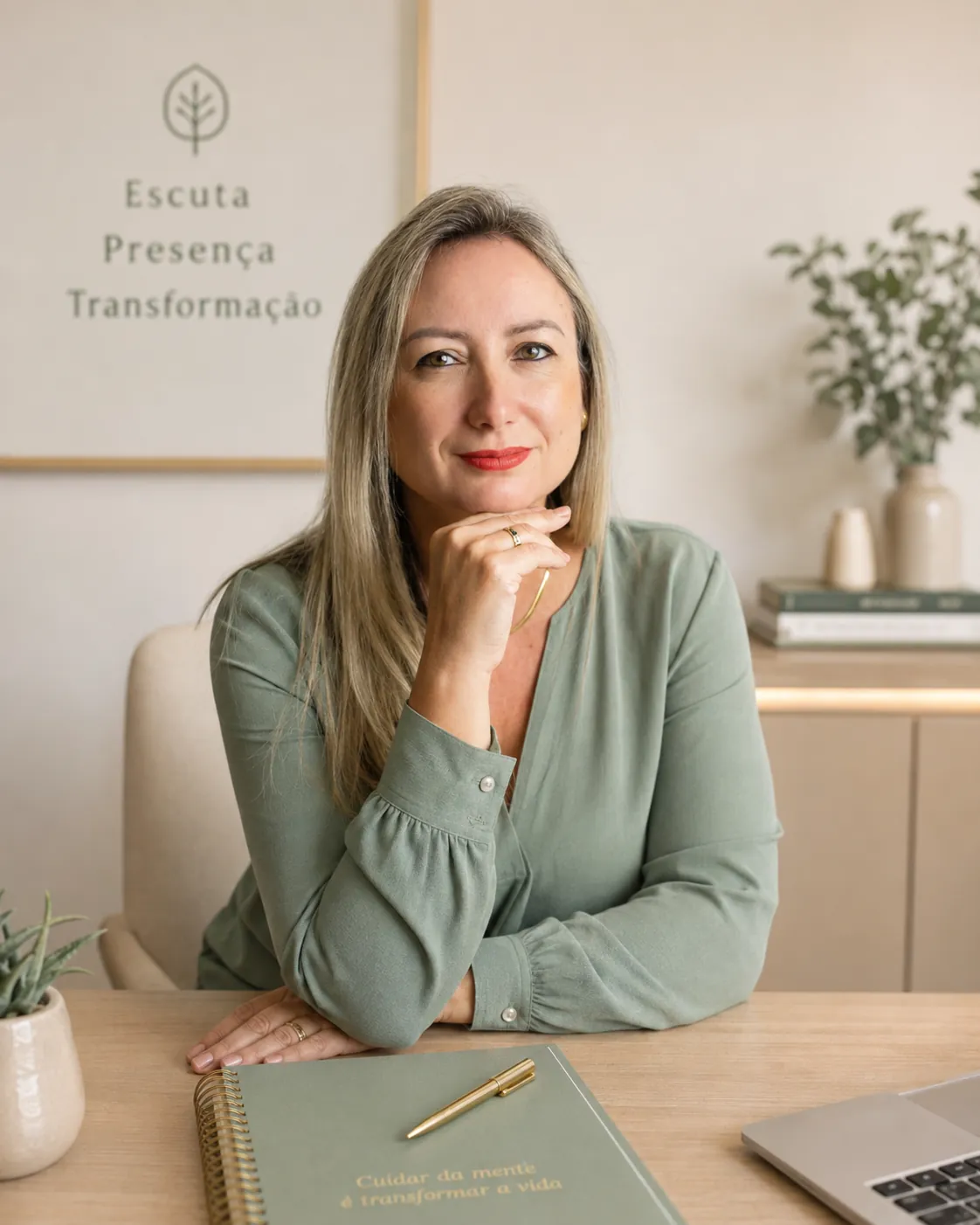 Deise Seixas, psicóloga em São José/SC, em seu consultório