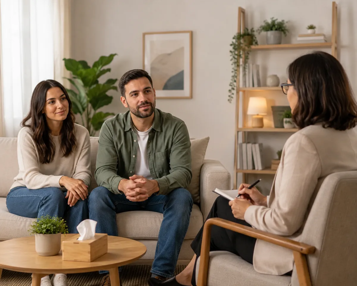 Sessão de terapia de casal: o casal conversa no sofá com a psicóloga, que faz anotações