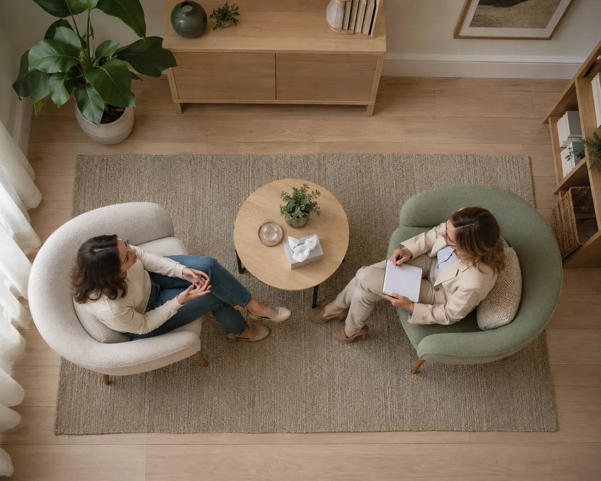 Sessão de psicoterapia individual: paciente e psicóloga conversam sentadas em poltronas, em consultório com plantas